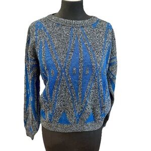 Cristin Steven’s Knit ladies sweater size LG blue grey‎ geometric pattern 80s